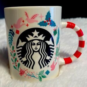 NEW Starbucks Candy Cane Christmas Coffee Mug Pink Doves Black Mermaid Holly